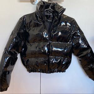 Black Cropped Vinyl Puffer Jacket
